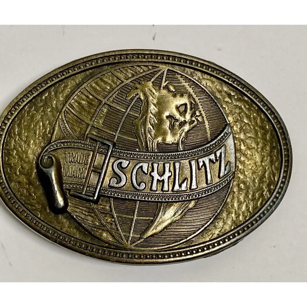 Vintage Brass Belt Buckle Schlitz Beer  With Globe Logo 3-1/2”